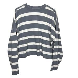 AYR The Half Day Tee Women’s Sz XL Boxy Cropped Soundbath Blue Gray White Stripe